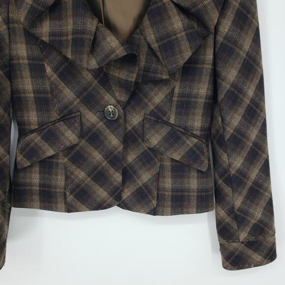 BCBGMaxazria Y2K Plaid Blazer Jacket XS Wool Ruffle Collar Brown Black BCBG - Picture 5 of 9